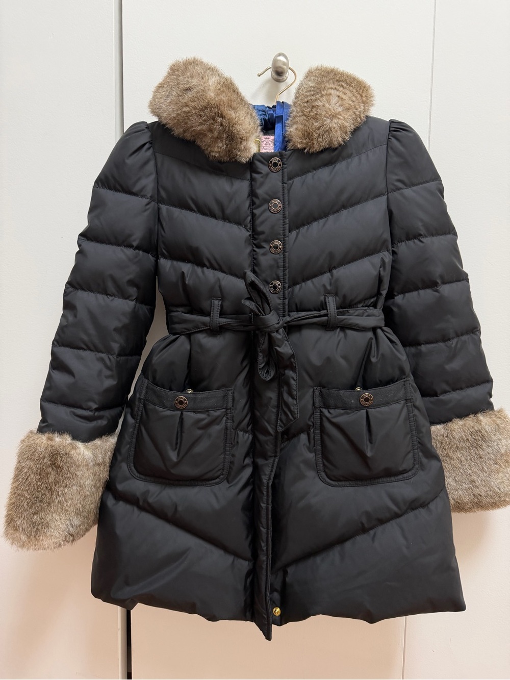 Juicy Couture Girl’s Black Down Puffer Coat with Faux Fur Trim